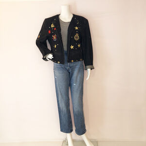 Madeleine Embellished Denim Jacket Cropped Dark Wash Studded Stars Size 10